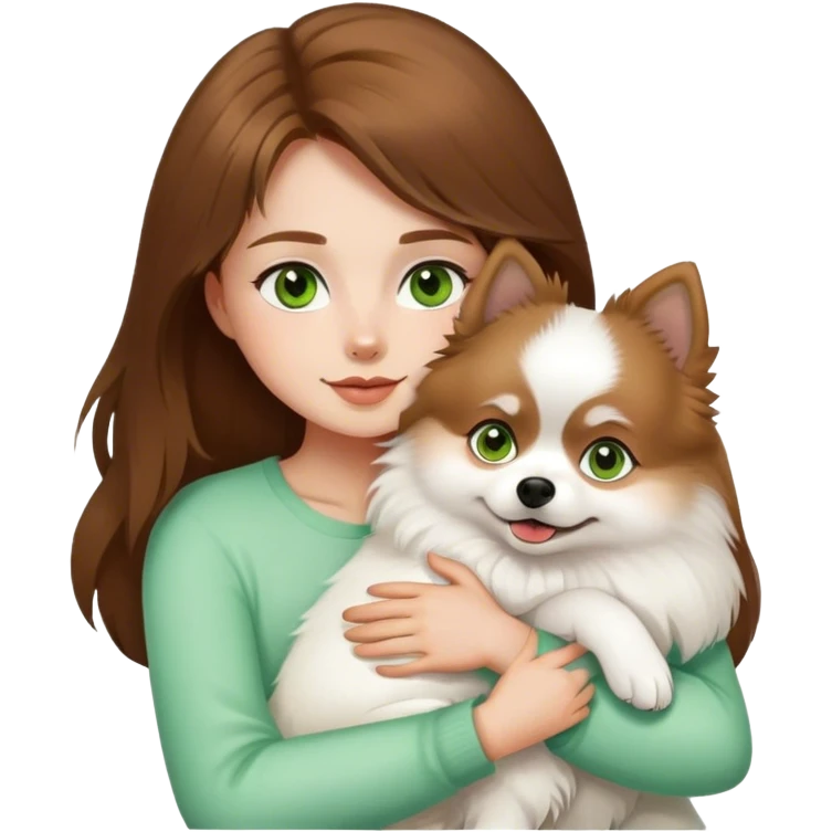 A girl with brown hair and green eyes hugs a white German Pomeranian dog emoji