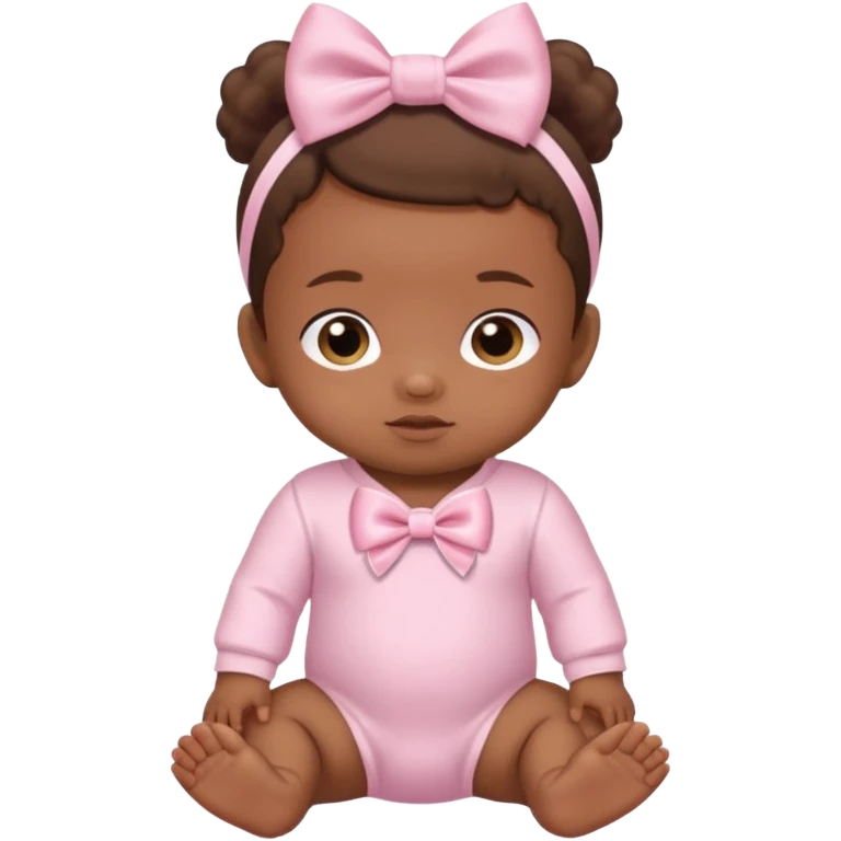 Brown skin baby with satin baby pink onesie and white bow emoji