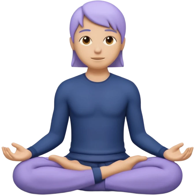 Modern premium 3D emoji icon: faceless gender-neutral meditator sitting cross-legged, smooth rounded shapes, matte + subtle gloss, top-left studio light, soft shadow, faint halo aura, navy outfit with lavender accent, centered, transparent background, no text emoji