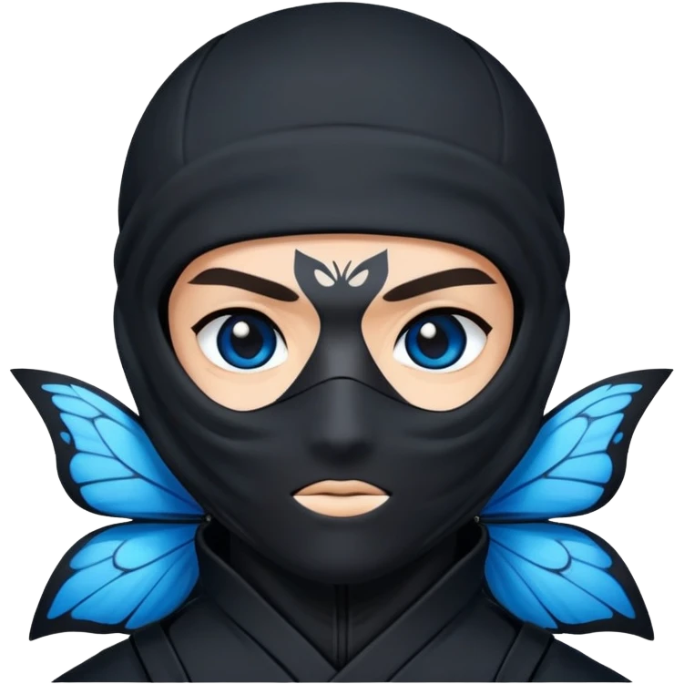 Emoji  con estos dos emojis 🦋 🥷🏻.
Ninja vestido de negro con los ojos de color negro y la piel blanca y con la mariposa azul posada en su hombro izquierdo como si estuviera volando en su hombro. emoji