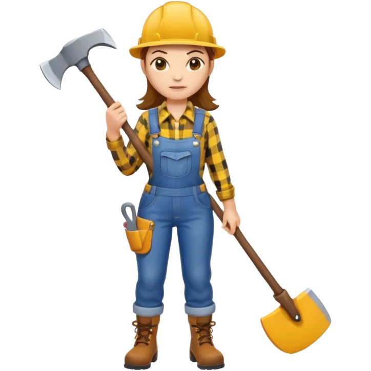 lumberjack woman holding axe yellow checked shirt and overall emoji