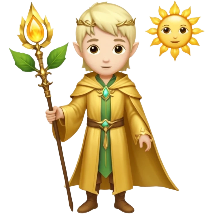 {
      "type": "human",
      "look": "light elf healer, golden robe, staff with leaf and sun",
      "description": "a light elf healer wearing a golden robe and holding a staff with leaf and sun no face"
    } emoji