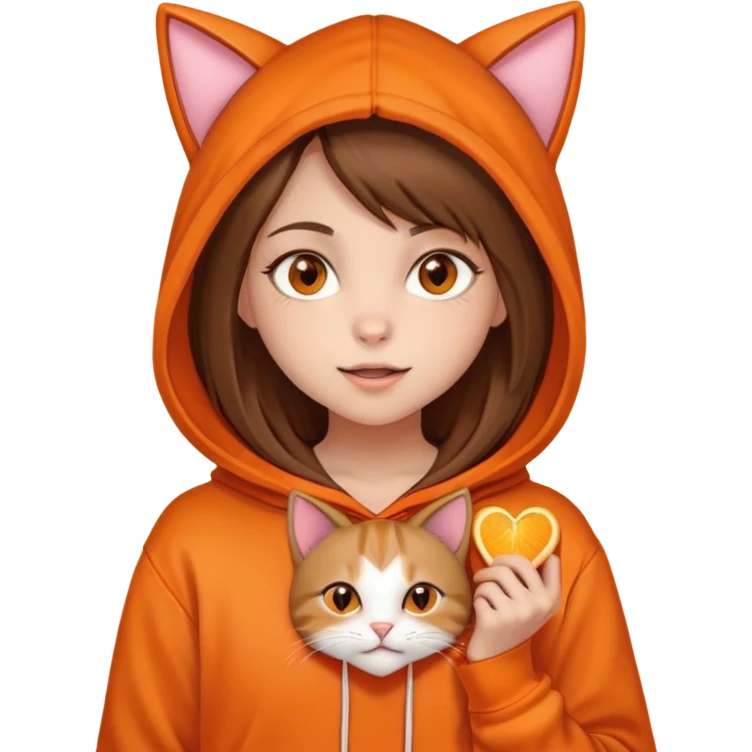 Una niña piel blanca, pelo castaño y lacio, ojos color miel, con un poleron naranja que en el gorro tiene una cara y orejas de gato, mordiendo un corazón naranja  emoji