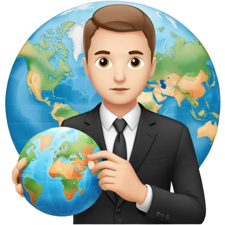 Polish man in a business suit analyzing global strategy with a world map emoji