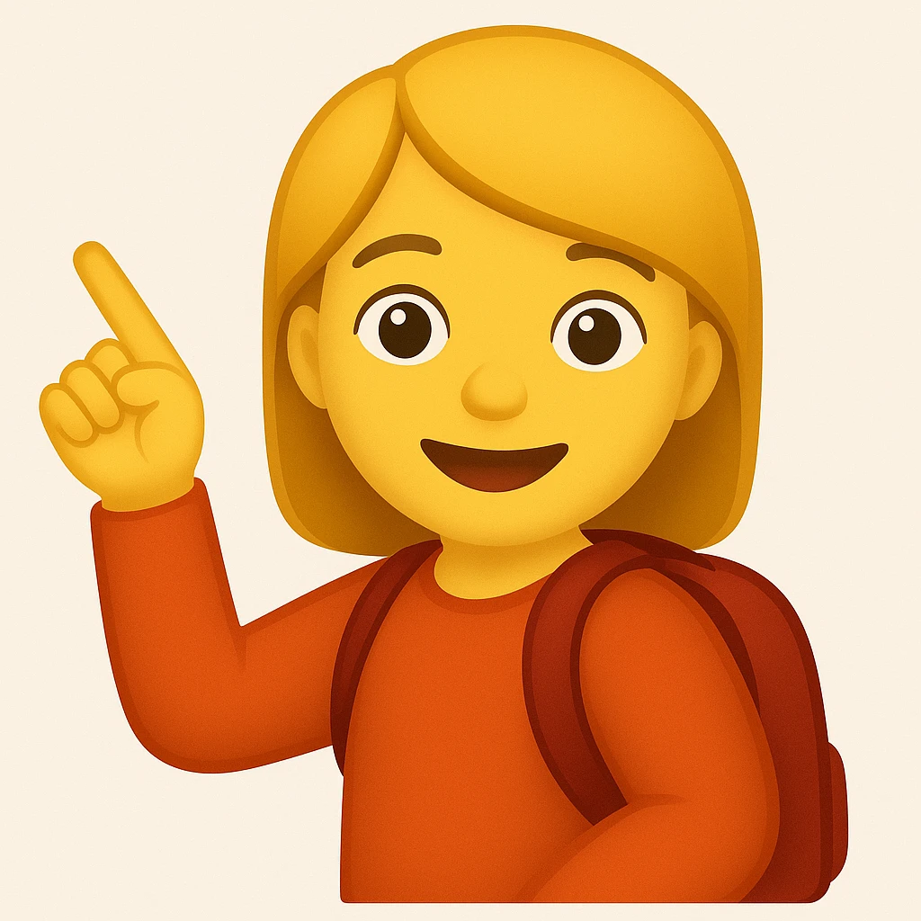 Create an emoji style image of a girl with a red backpack pointing up to the left, with a cheerful expression. Her right arm is bent down and molded to her side. The style should resemble classic emoji aesthetics. emoji