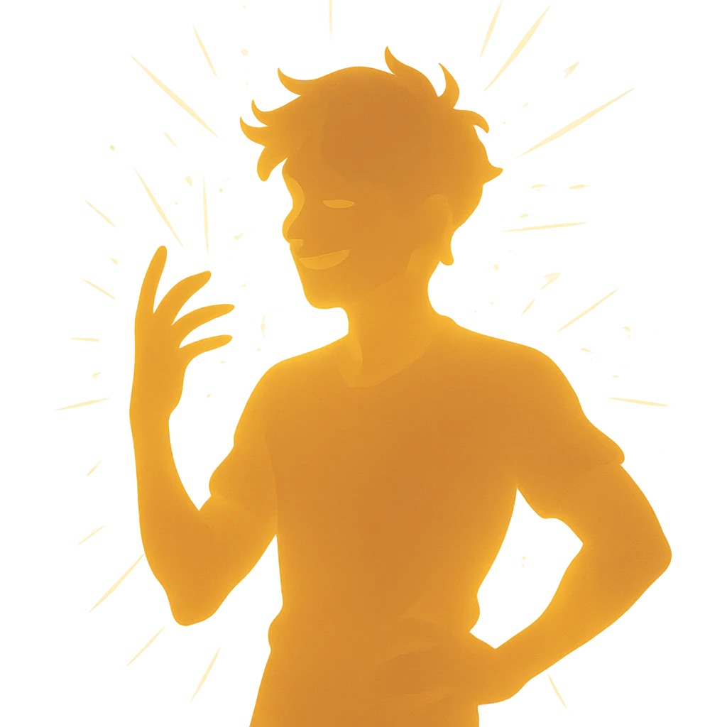 radiant young man with a soft glow and captivating energy, symbolizing lighthearted chaos and allure, in a minimalist silhouette emoji