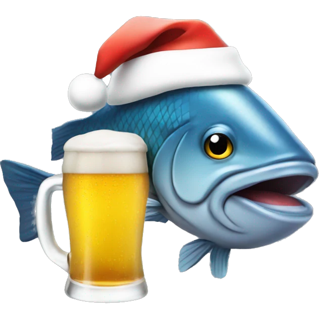 Big fish with a Santa hat drinking a beer emoji