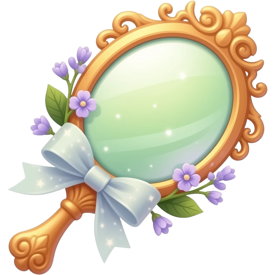 A delicate fairy hand mirror in soft green and warm orange tones, with an ornate frame, floral details, a magical glow, and tiny lilac accents. emoji