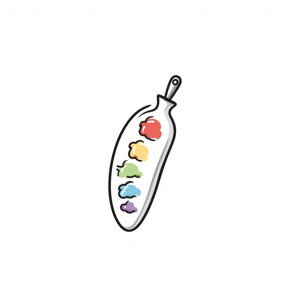 Detailed artist's paint palette with thumb hole and paint colors in specific pastel colors (dd9fb0, ffc6d3, a3bfc9, c4bee2, f1b091). Hand-drawn doodle style with intricate details. The palette should have paint blobs of each color clearly visible. emoji