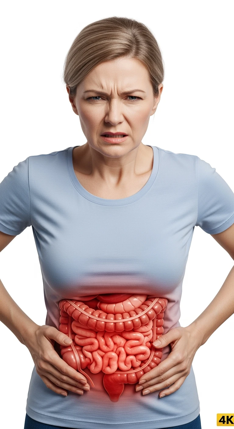 UNA DONNA REALISTICA con mal di pancia, INTESTINO ANATOMICO INFIAMMATO VISIBILE, MAL DI PANCIA, posa frontale, ISOLATA SU SFONDO BIANCO, IPERREALISTICA 4K emoji