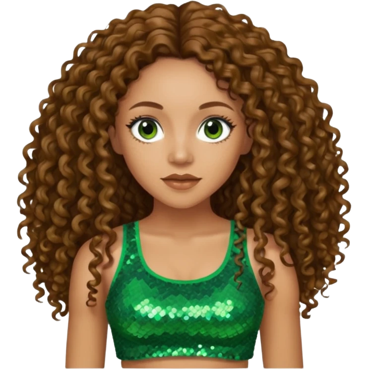 Melanie Brown with long brown curly hair, green sequin crop top, brown eye emoji