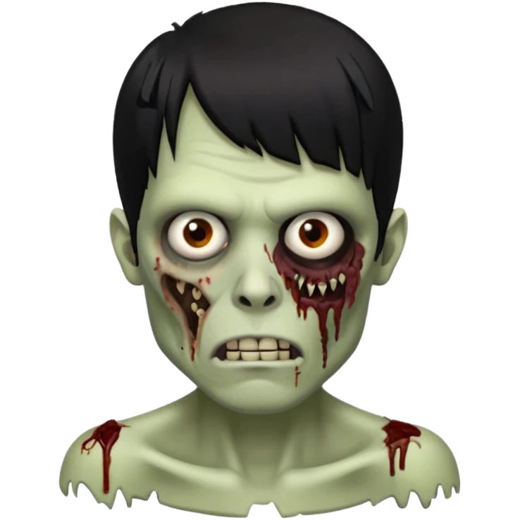 homem zombie de franja, cabelo preto, uma ponta maior da franja e o resto do cabelo picotado, cabelo médio e com piercing no septo emoji