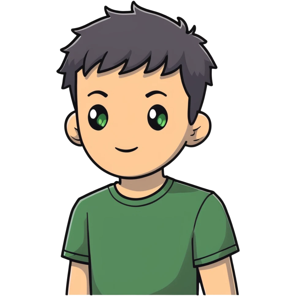 white man with dark messy short hair, dark green eyes, wearing a gray t-shirt emoji