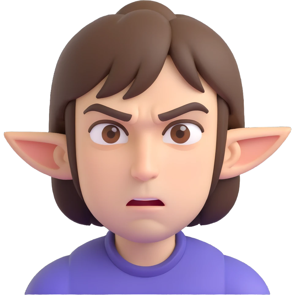 A man with brown hair and brown eyes, a little angry but kind at the same time. He has a bob-style hairstyle that covers his ears, has bangs in front of his eyebrows, and white skin. emoji