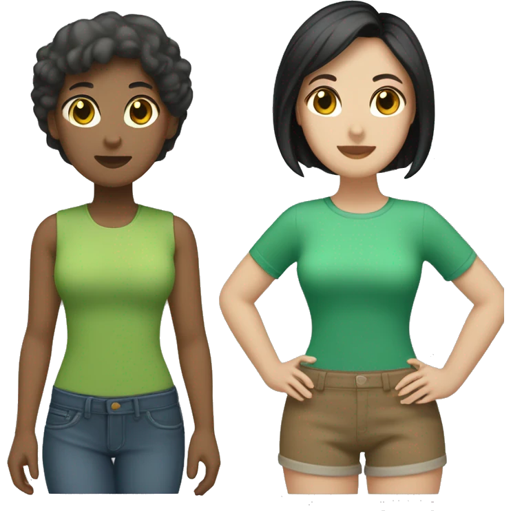 Two lesbians One has shorts boyish black hair with brown hair and the other has a light brown bob cut with green hair emoji