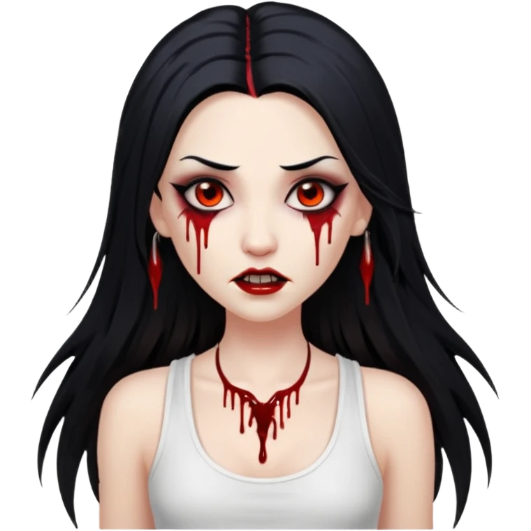 White woman with a white tank top long black hair glossy middle part long hair vamp look with fangs or blood dripping brown eyes eyeliner winged with lashes top and bottom emoji