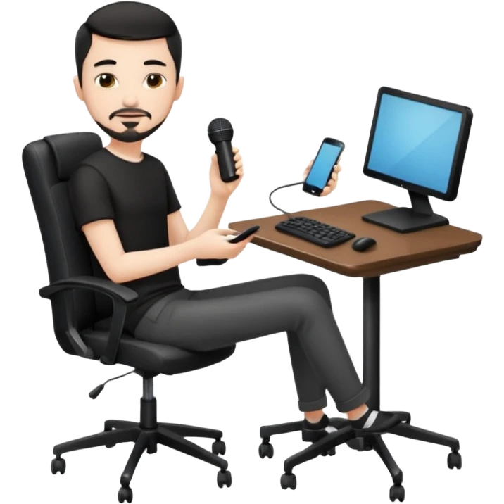 a setup of a youtuber, white skin, thin goatee, black short hair, with a desktop pc on a table, a gaming chair, microphone, no headset phone emoji