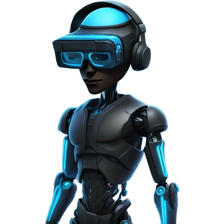 netrunner, cyberpunk hacker with mechanical glasses, black robot body, black vr headset, eyes covered, blue neon emoji