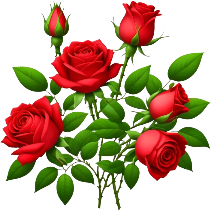 bouquet Bright Red Tea Rose, luxuriant, leaf, bud emoji
