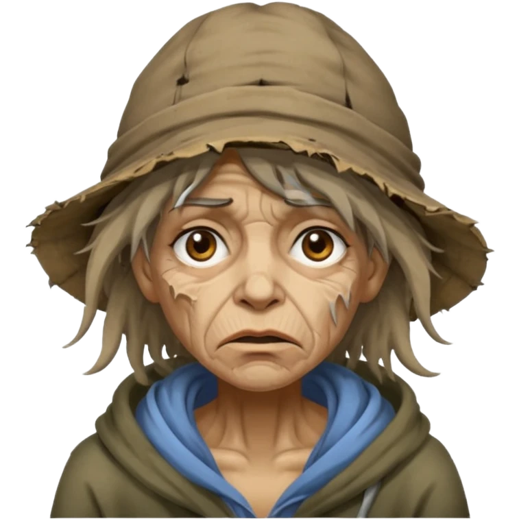 very dirty looking homeless woman with ripped hat and face with ugly hair emoji