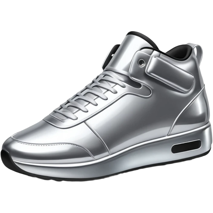 A pair of futuristic sneakers emoji made of silver chrome, sleek streetwear design, smooth metallic panels, subtle reflections, luxury swag aesthetic, iOS emoji style, centered, clean white background emoji
