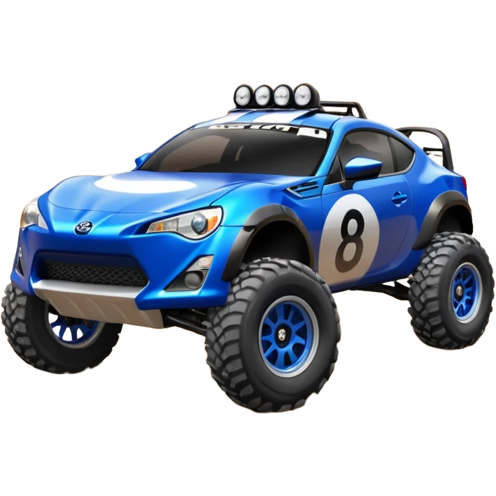 2013 scion fr-s ultramarine off road 4wd monster Baja dessert stadium racer number 86 with large fancy silver wheels and long travel suspension  emoji