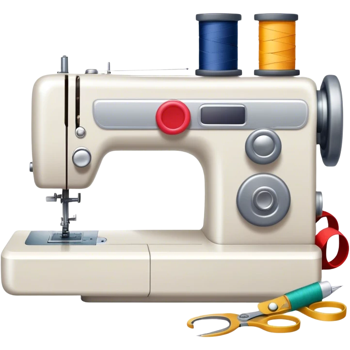 Sewing icon, sewing machine with thread, visible needle, spools of thread, fabric pieces cut according to patterns, scissors, and measuring tape, a piece of clothing in progress, minimalistic style, clean lines, transparent background. emoji