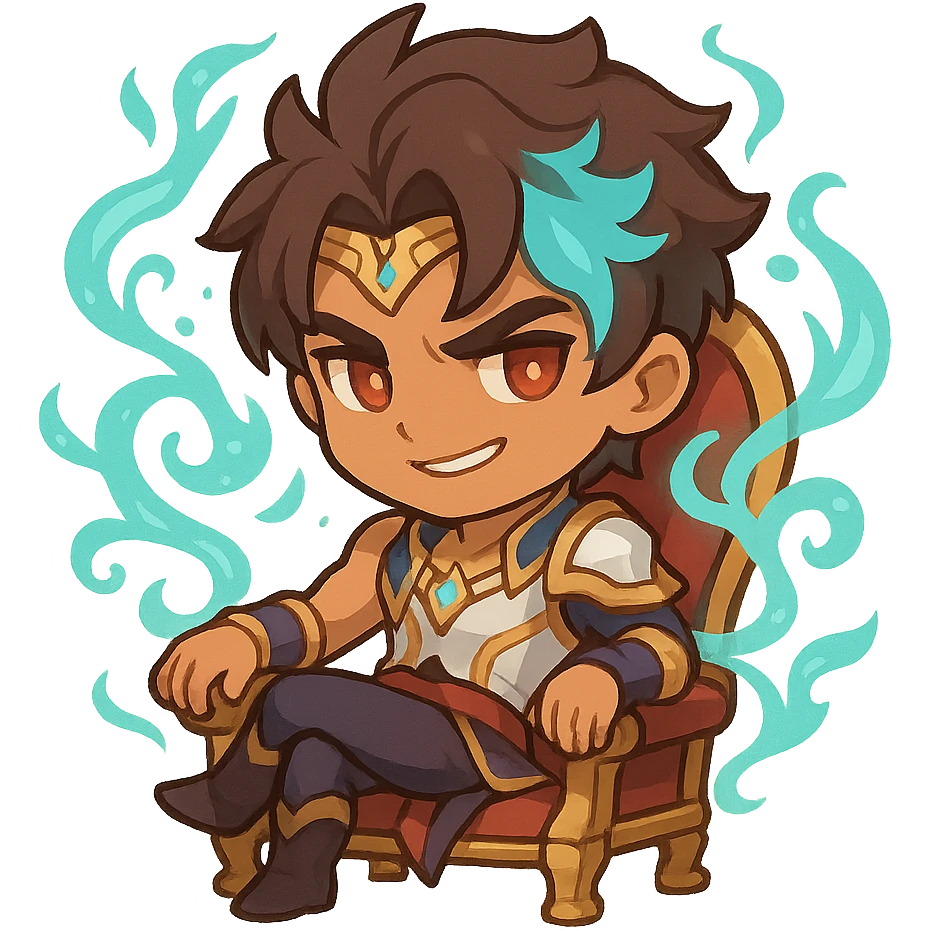 Chibi Soul Fighter Viego sitting confidently on a regal chair, with Soul Fighter aura, oversized head, playful expression, magical energy swirling around emoji