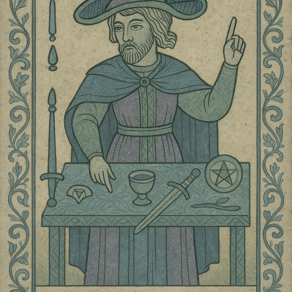 tarot card of The Magician in the style of the ancient Marseille tarot deck, traditional hand-drawn look, muted colors, ornate vintage details, mystical figure with one hand pointing to the sky and the other to the earth, surrounded by symbols of the four suits (wand, cup, sword, pentacle), antique and magical atmosphere, ornate borders, subtle aging effects emoji