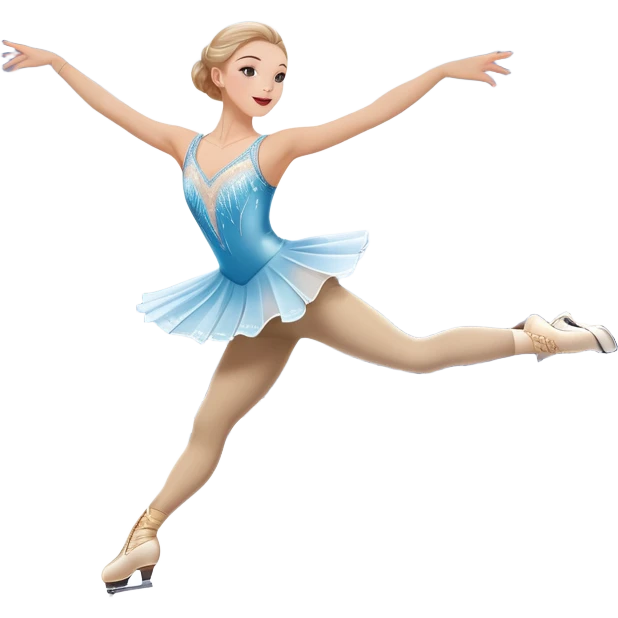 An icon featuring a graceful figure skater performing a spin on the ice. The background includes a grand ice rink palace with shining spotlights and cheering spectators in the stands. Transparent background highlights the elegance and artistry of figure skating emoji