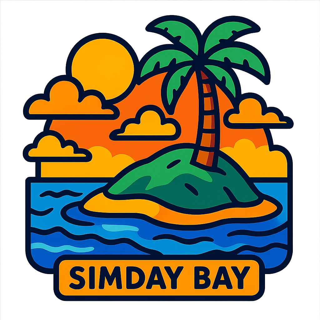 SimDay Bay with an island, vibrant toon style, bright colors emoji