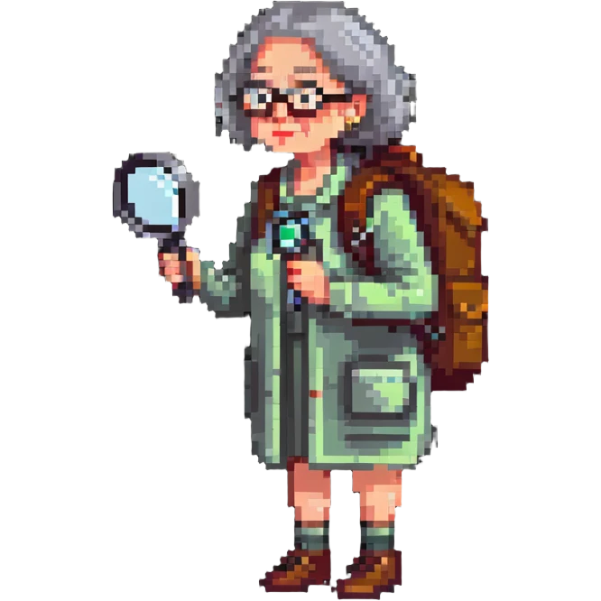Middle-aged woman hiker with glasses and backpack, using a single magnifying glass emoji