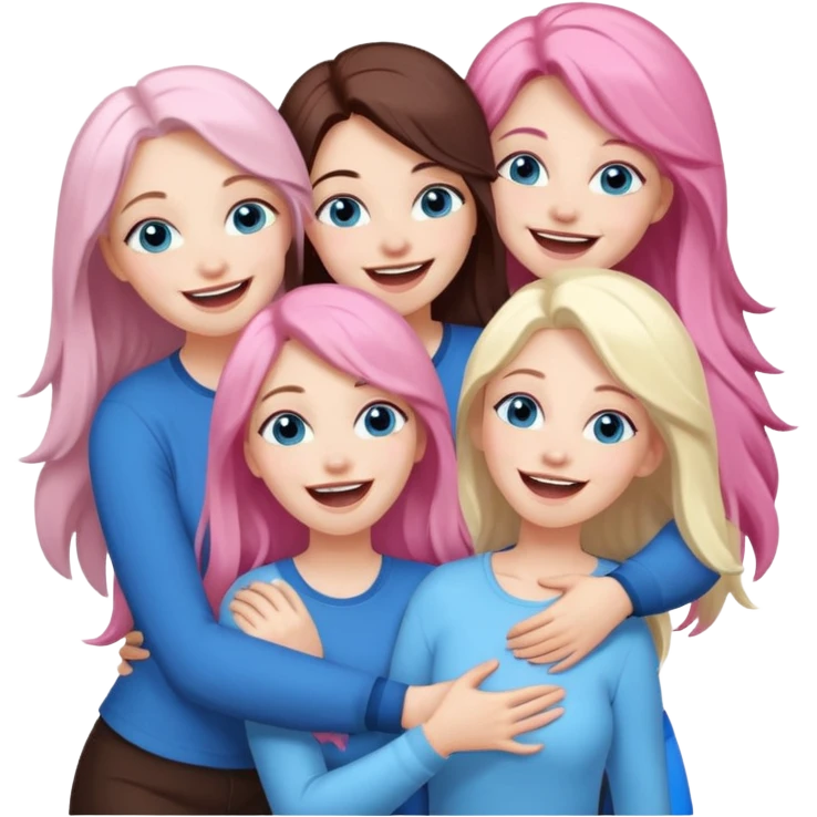 four adult white women laughing and hugging.  Two have long dark brown hair.  One has long pale pink hair and blue eyes. one has with blue eyes and light blonde hair. emoji