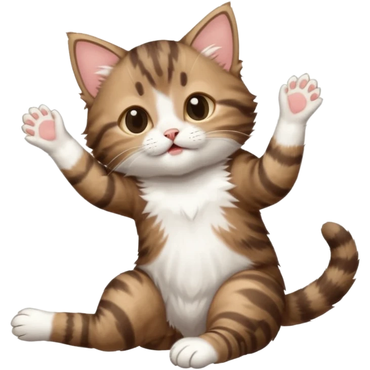 dark brown tabby and white kitten with his eyes closed whilst in funny positions stretched out and  upside down emoji