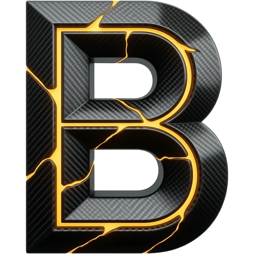 A heavy, angular 3D letter 'B' crafted from matte-black forged carbon fiber with glowing veins of molten gold. Sharp, precision-cut edges, automotive-grade finish, luxury sports car aesthetic, dark moody lighting emoji