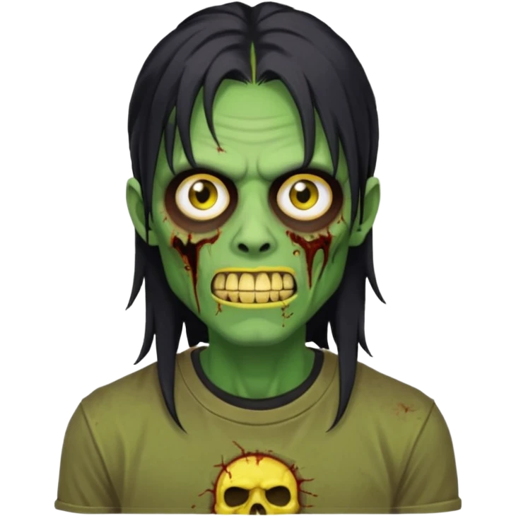 I want you to give me a zombie man and his skin its green who has golden teeth, yellow eyes, eyebrows and black hair, the hair I want to be a long modcut cut and is wearing a brown affliction T-shirt and thin circular lenses emoji