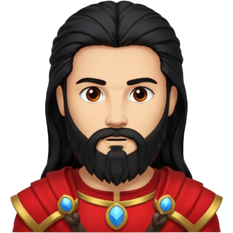 Mars, War God from Rome Mythology with long black hair and beard, red and black outfit, light tan skin emoji