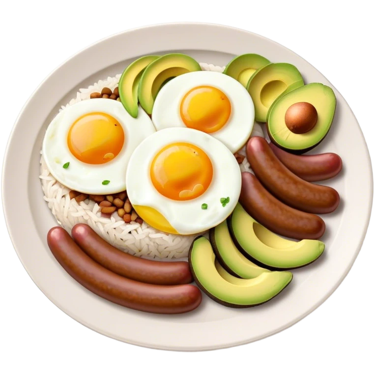 Bandeja Paisa Cinematic Realistic Bandeja Paisa Dish Emoji, depicted as a hearty platter featuring rice, beans, avocado slices, one sausage, a perfectly cooked egg, and crispy pork crackle, rendered with vivid textures and robust, inviting lighting. emoji