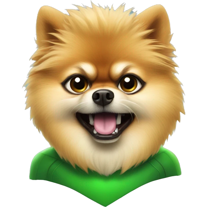 angry pomeranian in green superhero suit emoji