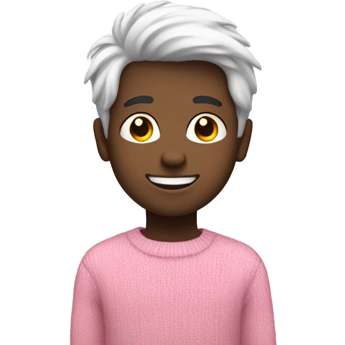 smiling boy in pink sweater with white hair that has black in middle emoji