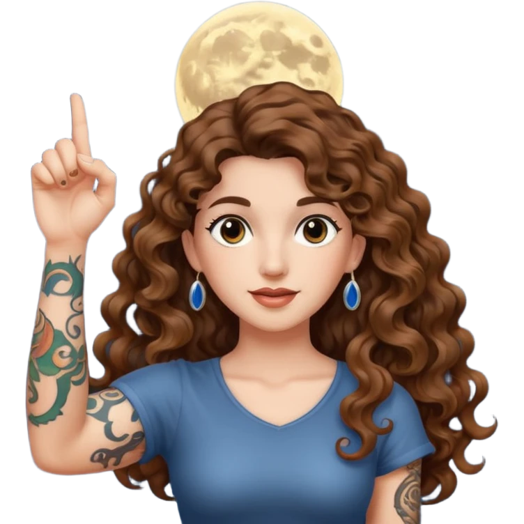 moon symbol discovery — long wavy brown hair tattooed woman and short tight curly brown hair woman — pointing up emoji