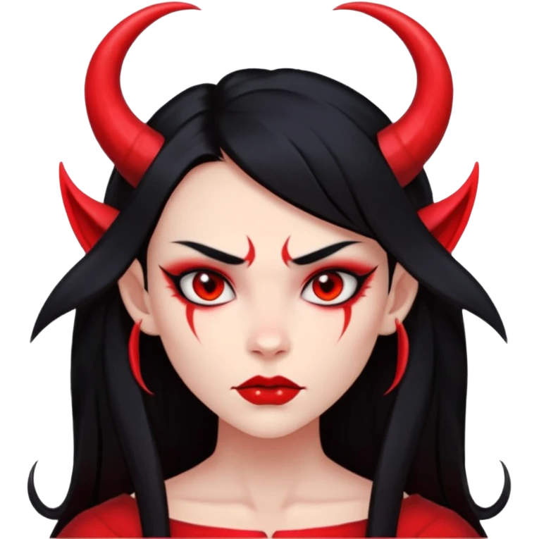 Head only demon girl, strong pronounced cheekbones, sharp angular jawline, skin fully pure red everywhere, long straight sleek black hair, small ho emoji