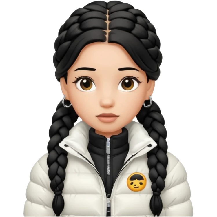 generate a pretty bratz girl with a WHITE puffer jacket, hoops, long braided hair black emoji