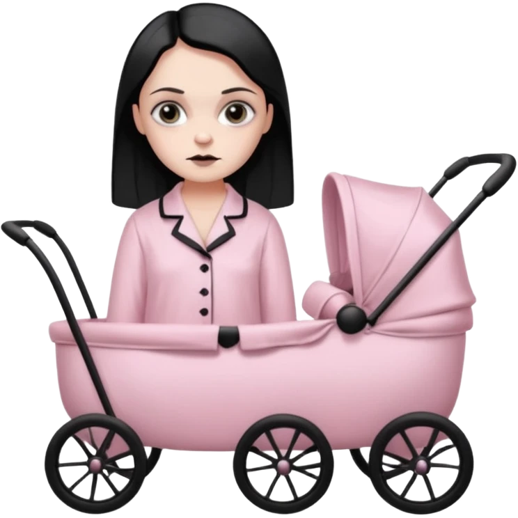 Full model stunning Wednesday Addams dark smoky eyeshadow in a unbuttoned Light pink silk pyjamas set and baby carriage  emoji