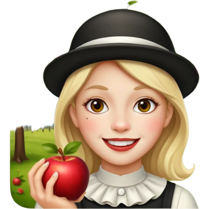 please may you generate the happiest girl emoji but she has a secret quarter of the face like phantom of the opera thats slightly menacing and its in an apple orchard and there is a mime hiding in the back emoji