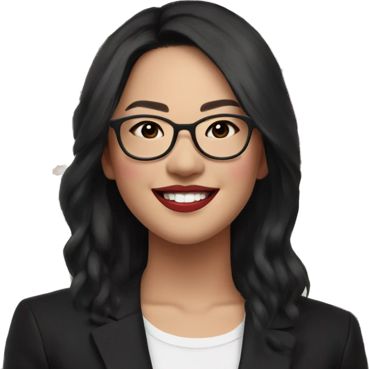Asian girl, smiling with teeth, fair skin, black long hair, black eyes, black glasses with gold frames, red lipstick, wearing a white lace tank top and a black office jacket on top, with pink and red roses around her emoji