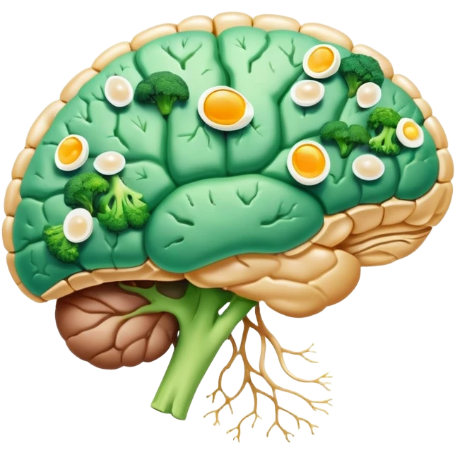 Glowing brain and liver connected by a pearlescent capsule, surrounded by choline-rich foods: eggs, liver, fish, and broccoli. Golden waves showing neural connections flow from the brain, with all elements having an ethereal glow representing cognitive benefits. emoji