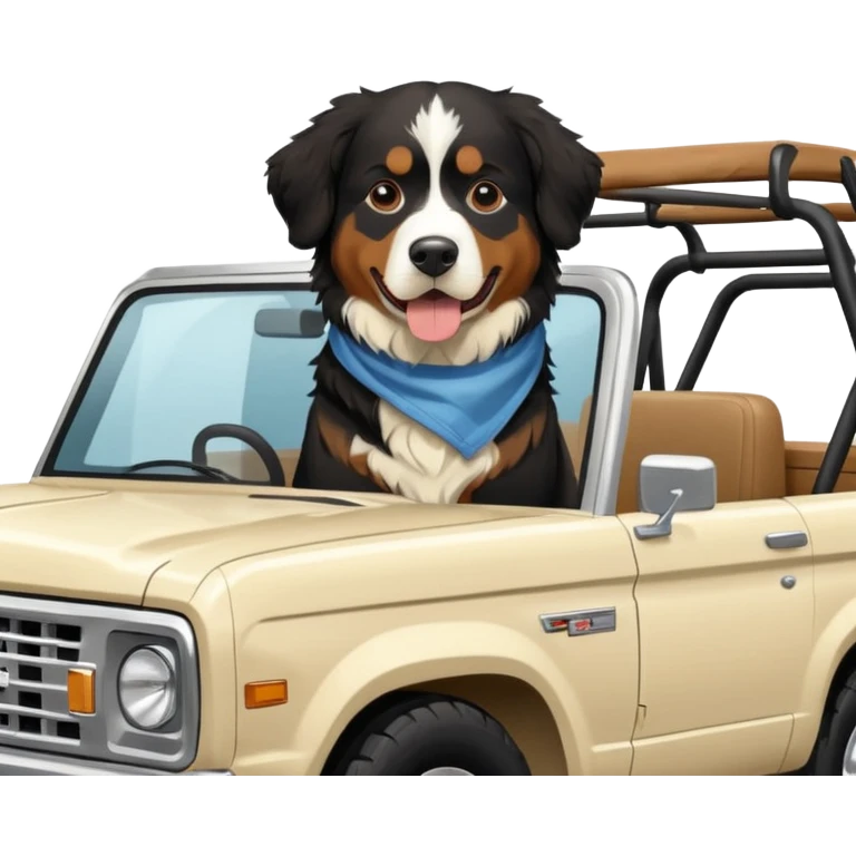 Bernese mountain dog in a cream colored ford bronco with no roof emoji