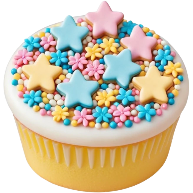 small scatter of colorful sprinkles, sugar pearls, and tiny fondant shapes (stars, hearts, flowers), glossy pastel and bright tones, textures vary smooth crunchy or soft, delicately detailed shapes, soft lighting, subtle shadows, transparent background, emoji scale emoji
