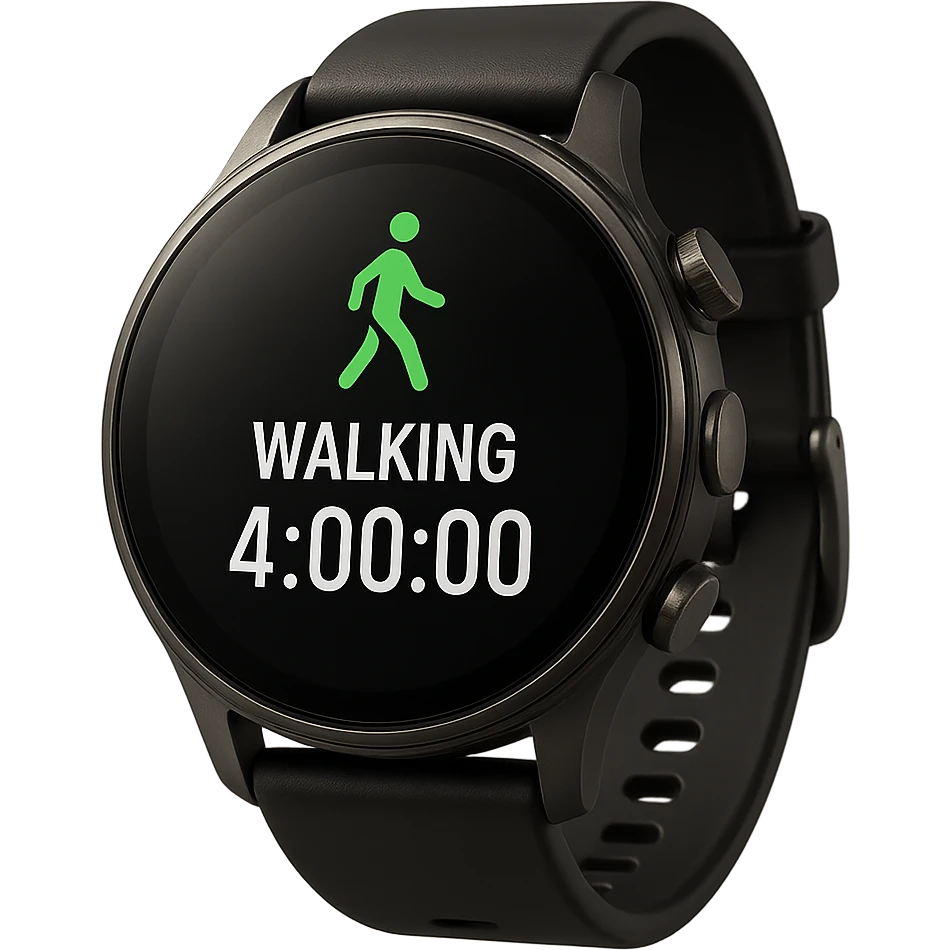 smartwatch con modalità attiva di camminata che segna 4 ore di camminata, REALISTICA 4K emoji